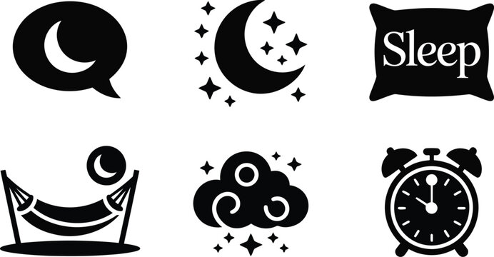 Collection of sleep and relaxation icons with moon clouds and hammock illustration