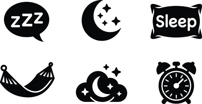 Collection of sleep and relaxation icons with moon stars and hammock illustration