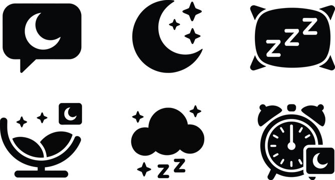 Minimalist black icons set showing sleep and relaxation themes with symbols