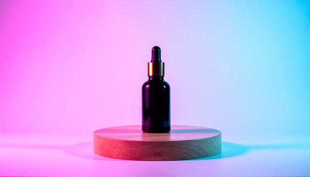A luxury cosmetic product elegantly displayed on a wooden platform, set against a pas