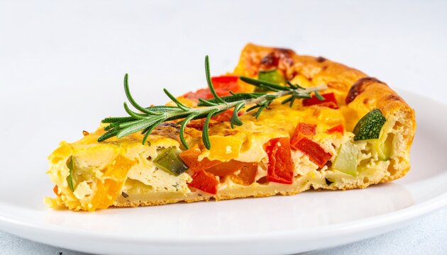 A slice of vegetable and herb frittata garnished with fresh rosemary on a white plate
