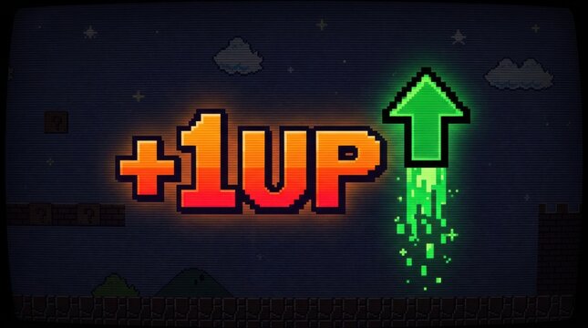 Pixelated 1up text and arrow with green trail retro video game style pixel art eight-bit gaming over level extra life bonus stage arcade
