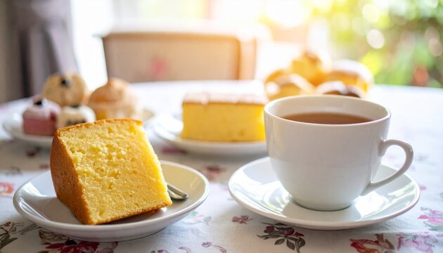 Afternoon tea service with various sweet pastries, a slice of pound cake, and a cup