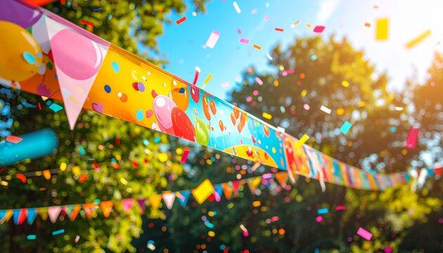 Bright and cheerful party banner with streamers and confetti for an outdoor celebration