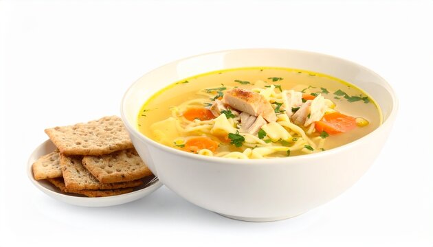 Bowl of chicken noodle soup with crackers on a white background
