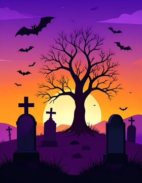 Spooky Halloween Graveyard Scene with Bats at Sunset