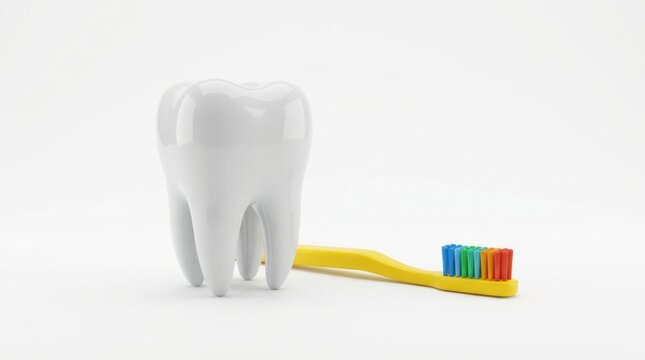 Tooth and toothbrush on a white background a 3d rendering illustration teeth dental dentition molar premolar incisor enamel oral hygiene brush yellow care