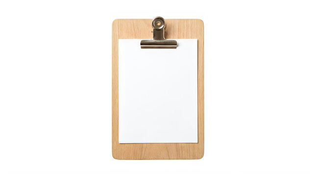 Wooden clipboard with blank paper. Isolated office stationery for professional notes.