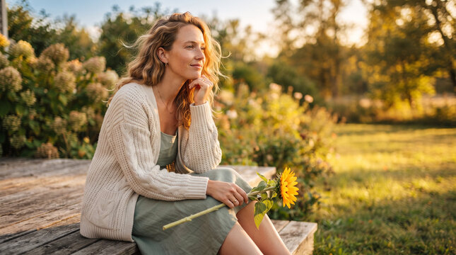 Thoughtful woman holding sunflower representing end of summer blues while sitting on wooden deck in golden garden