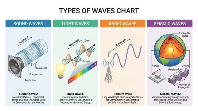 Wave diagrams illustrating sound light radio and seismic wave characteristics vector illustration waves waveforms motion propagation wavelength frequency amplitude compression rarefaction crest trough