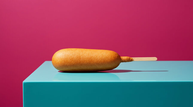 Golden corn dog on cyan pedestal over bright pink background with copy space