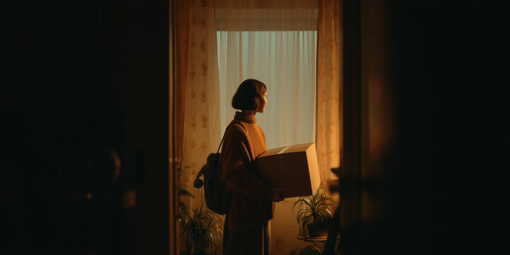 Thoughtful Young Woman Holding Cardboard Box Looking Out Window with Warm Light