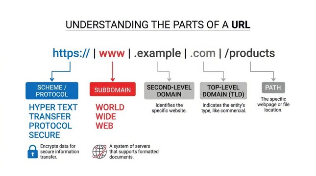 Diagram illustrating the components of a uniform resource locator with labeled sections and explanatory text url web address internet bar scheme protocol https