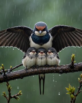 Protective Barn Swallow Sheltering Three Baby Birds During Rain