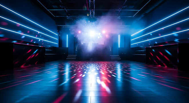Empty nightclub dance floor illuminated with vibrant blue and red neon laser light beams with dynamic colorful light patterns