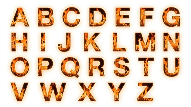 Flaming alphabet letters in a complete set fiery style with a white background uppercase lowercase font typeface typography fire flames burning incandescent hot