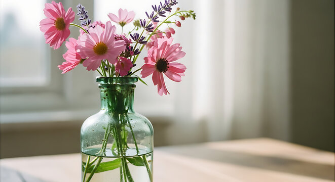 Pink cosmos flowers arranged in transparent green glass bottle on sunny wooden table surface interior