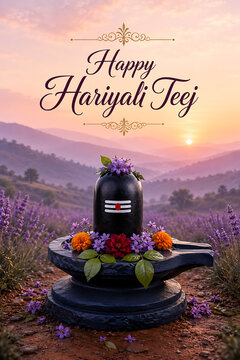 Happy hariyali teej decorated shiva lingam with colorful flowers in sunset valley celebrating kajari teej through sacred hindu monsoon festival devotion ceremony