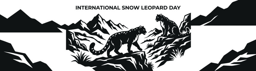 Obraz premium International Snow Leopard Day 23 October 2026 Banner with Wild Cats in High Mountain Landscape