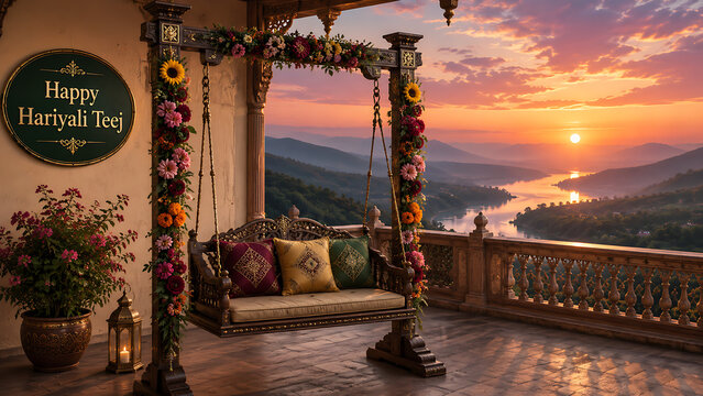 Happy hariyali teej floral decorated wooden swing overlooking glowing mountain sunset from elegant heritage balcony celebrating colorful kajari teej festival tradition beautifully