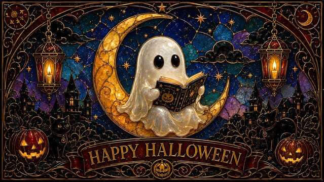 Stained Glass Cute Halloween Ghost on Moon Cloisonn&eacute; Art