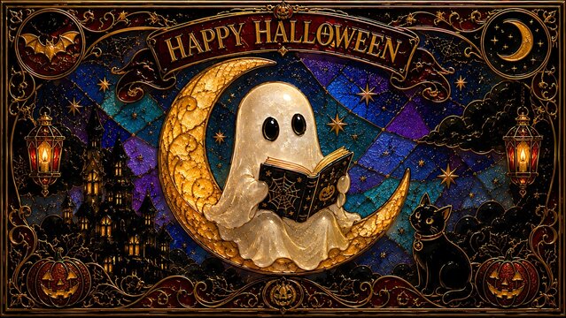 Stained Glass Cute Halloween Ghost on Moon Cloisonn&eacute; Art