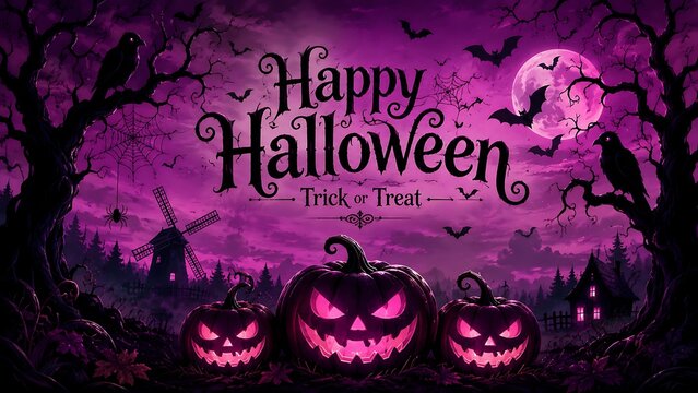 Happy Halloween Spooky Landscape with Glowing Jack-o-Lanterns