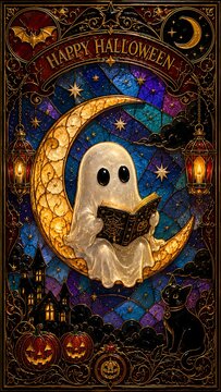 Stained Glass Cute Halloween Ghost on Moon Cloisonn&eacute; Art