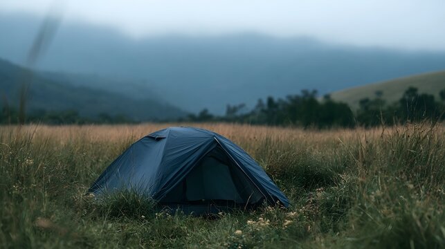 A dark blue tent stands alone in a tall grassy field with mist covered mountains in the background