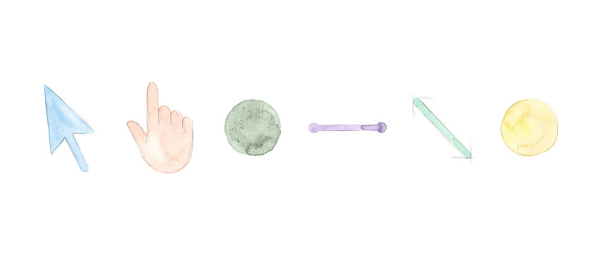 Watercolor mouse cursor icons set showing hand pointer, arrow, and UI navigation elements for web design, app interface, digital user interaction, and minimalist pastel artistic clipart.