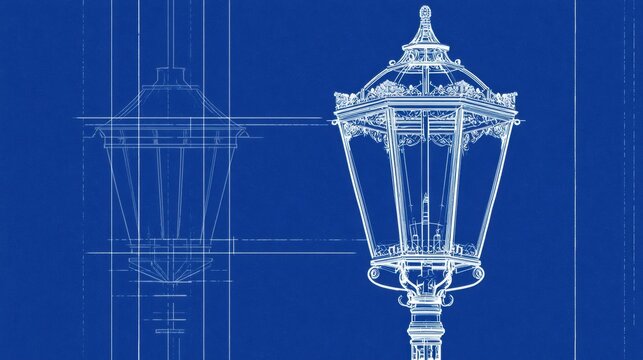 A blueprint design features a white line-art lantern on a blue background showing evening visuals and structured elements in a minimal layout