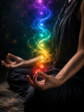 Meditative hands in mudra with rainbow chakra energy spiraling upward against a tranquil dark background