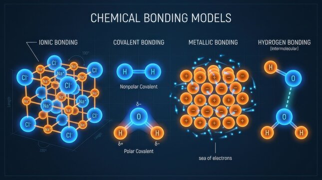Chemical bonding models illustration with ionic covalent metallic and hydrogen bonds molecular structure atomic sodium chloride polar nonpolar electron configuration sea intermolecular forces
