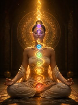 golden kundalini energy rising through illuminated chakras during deep meditation in a sacred minimalist scene