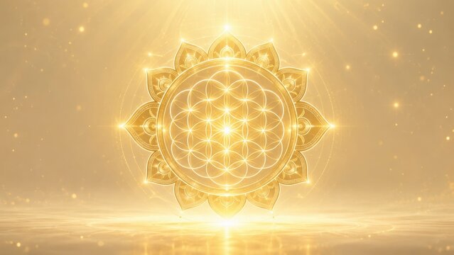 Golden sacred geometry mandala with celestial glow over minimalist background for meditation