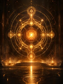 Amber luminous energy portal with sacred geometry and interconnected symbols in a mystical setting