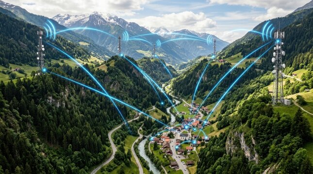 Cellular towers with connecting light trails in a mountainous landscape tower mobile telecommunications radio mast communication infrastructure wireless network signal transmission mountain range