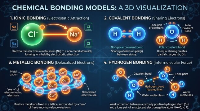 Chemical bonding models a 3d visualization of ionic covalent metallic and hydrogen bonds atomic structure bond delocalized electrons electrostatic attraction electron configuration lattice