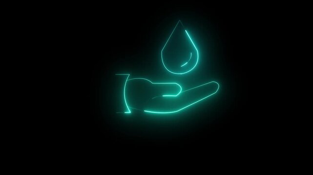 Glowing neon hands Washing with water icon isolated on black background. Hand Washing Hygiene Icon. Washing hands with soap to prevent virus and bacteria. 4k video animation.