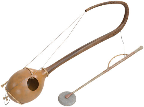 Brazilian Berimbau Musical Instrument with Gourd Resonator Isolated on White