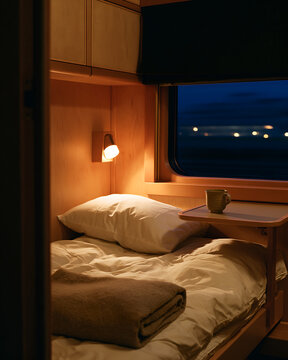 Made up lower berth in a night train sleeper compartment