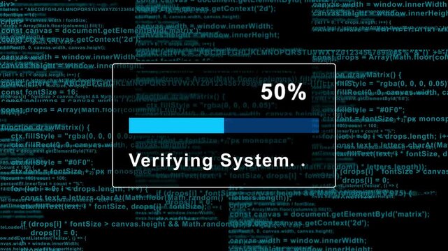 Cyber security verifying system loading bar with blue programming code background, for tech concepts, coding software development