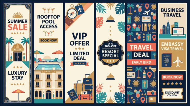 Vintage travel banner set with summer sale and luxury stay promotions, retro resort special and VIP offer vertical web headers, flat hotel and tourism marketing vectors