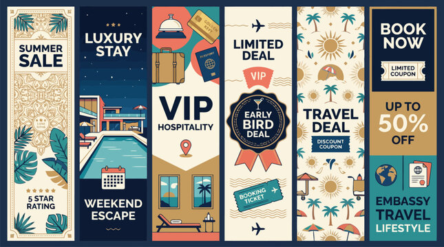 Vintage travel banner set with summer sale and luxury stay themes, retro vacation vertical flyers, 6 tourism marketing vector templates