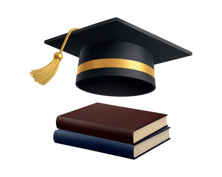 Realistic 3D graduation cap floating above stacked books, academic education symbol