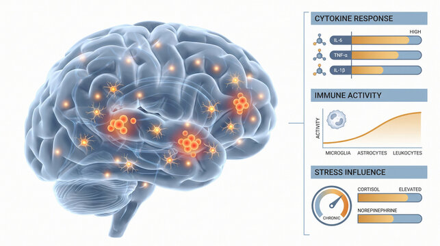 Neuroinflammation Stress Biomarker Brain 3D Scientific Infographic