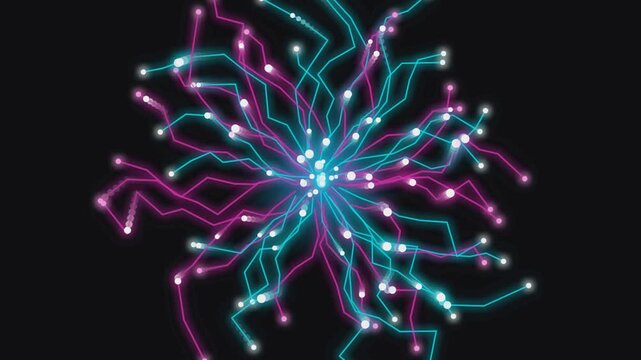 Dynamic quantum neural network animation with glowing cyber grid. Futuristic AI data flow motion graphic loop for tech presentations.
