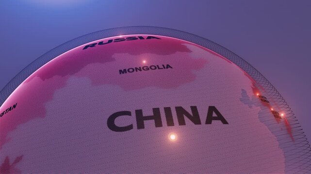 a digital futuristic-style globe focusing on Russia and CHINA, china map, russia map, MONGOLIA, 
