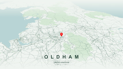 Modern minimalist vector map of Oldham, Greater Manchester, England. High-quality scalable illustration of Oldham geographic boundaries along River Medlock contours for posters design. © AliRza