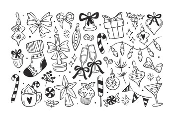 Obraz premium Christmas Doodle Elements Holiday Set Line Art